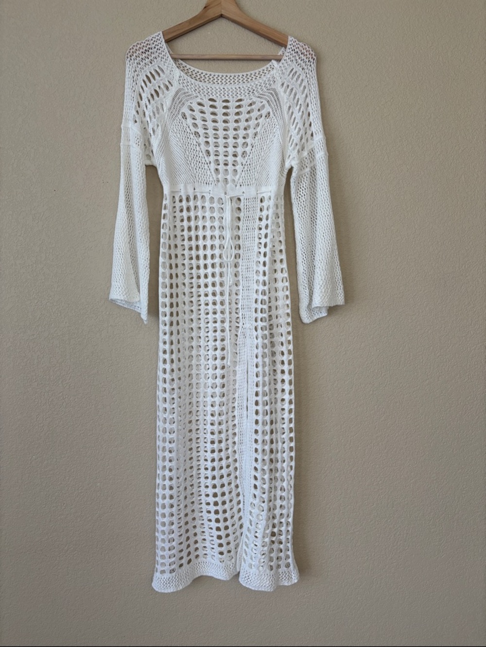 White Crochet Long Sleeve Maxi Cover-Up Dress - Picture 2 of 4
